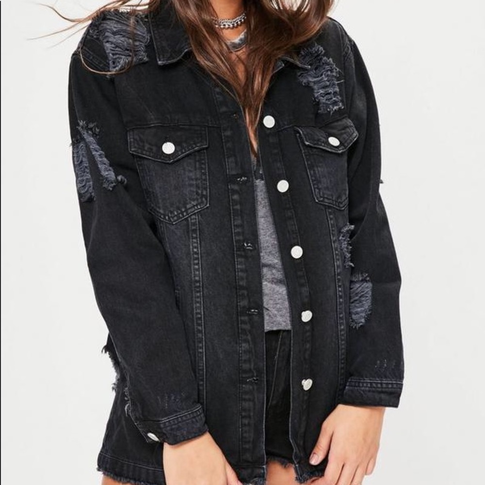 MISSGUIDED Ripped Long Length Denim Jacket